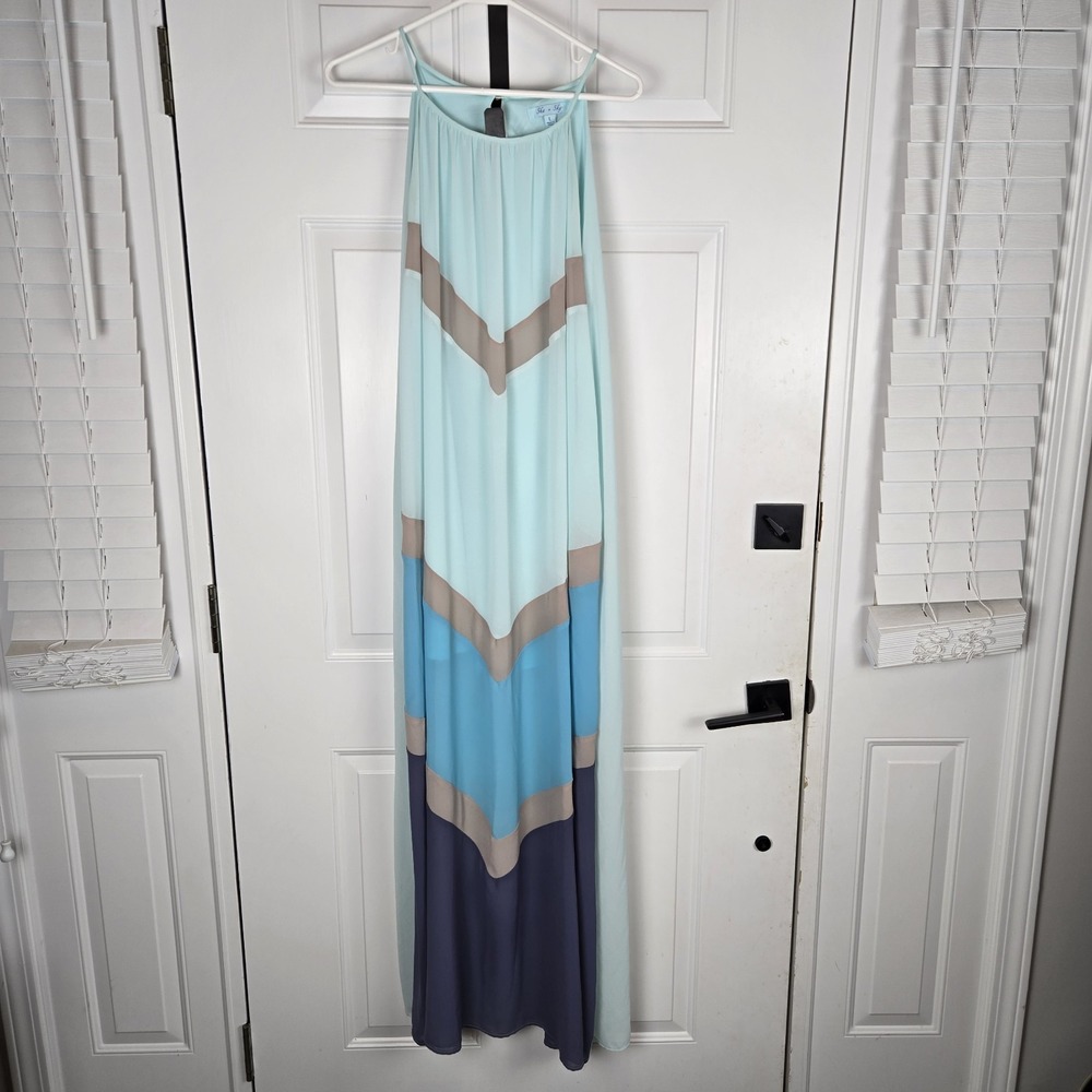 She & Sky Tent Dress Womens Large Maxi Ombre Blue Chiffon Beach Halter Resort